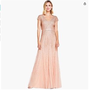 Adrianna Papell Long Beaded V-Neck Dress with Cap Sleeves and Waistband NWT SZ14